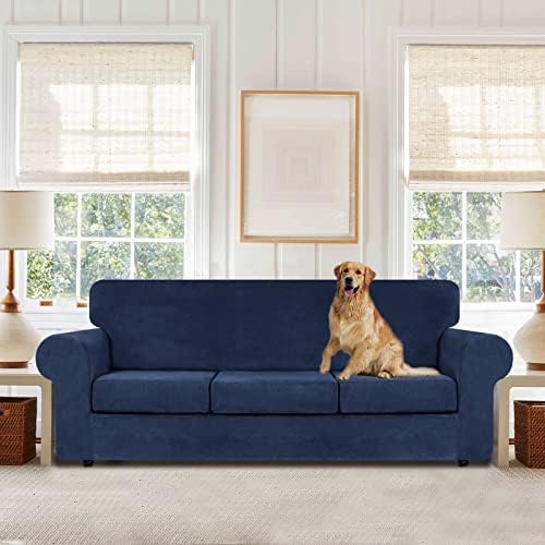 WEERRW 4 Pieces Couch Cover for Sofa Velvet Sofa Covers Washable, Navy Blue - Image 2