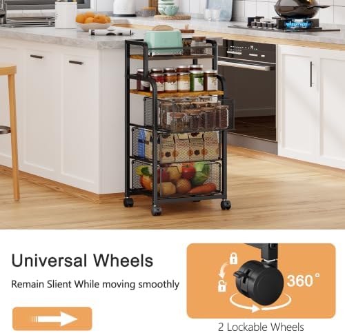 Kitchen Storage Cart with Wheels, Fruit Vegetable Spice Kitchen Rolling Cart, 4 Tier Pantry Organizer and Storage Cart with Drawer, Wooden Top Kitchen Organizer Rack Stand for Onion Potato Can Snack - Image 4