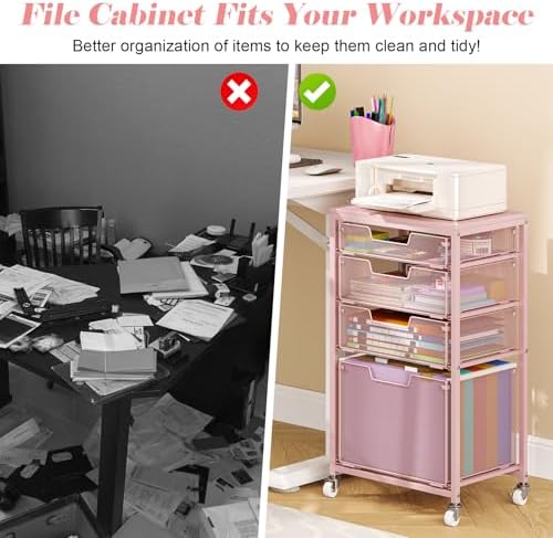 Sbanmao 4 Drawer Rolling File Cart Under Desk Storage, File Cabinets for Home Office, Mobile Filing Cabinet, Hanging File Organizer with Wheels, Utility Cart Printer Stand, Pink - Image 6