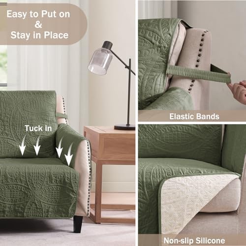 Green Quilted Recliner Covers, Water-Repellent Recliner Slipcovers, Recliner Covers Stay in Place, Pet Friendly Recliner Cover for Dogs, Washable Chair Protector (Recliner 22", Olive Green) - Image 3