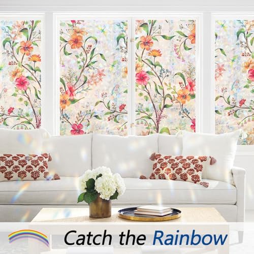 Stained Glass Window Film Decorative for Glass, Bathroom Window Privacy Film Static Cling, Rainbow Window Cling UV Blocking Non-Adhesive for Home Office Door (Floral, 17.5" x 78.7") - Image 2