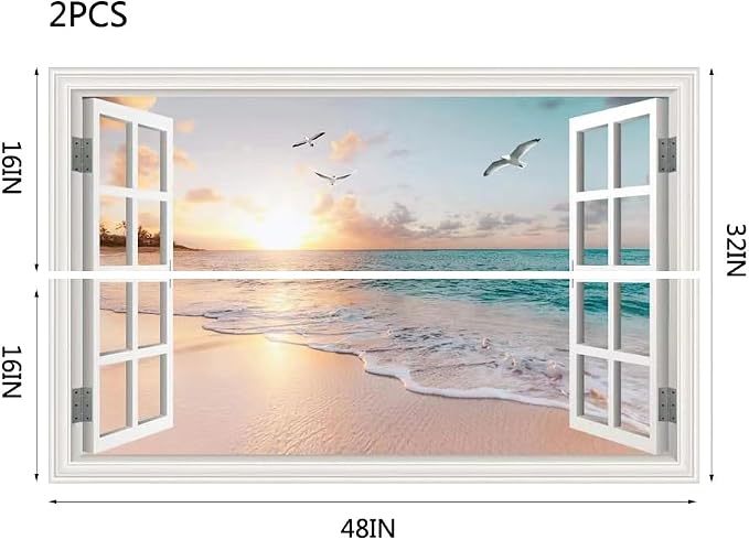 Fake Window Wall Mural Sticker -Summer Sunset Beach Open Wall Art Decal | Faux Window Natural Scenery Landscape Decorations｜Stick and Peel Wall Decals｜Room Bedroom Office Decor｜48"x32"Set of 2 Sheets - Image 2