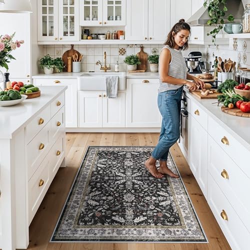 3x5 Kitchen Rug Washable Non-Skid, Boho Indoor Small Throw Area Rugs for Entryway Bedroom Living Room Floor, Soft Stain-Resistant Low-Pile Thin Doormat（Black, 3x5） - Image 3