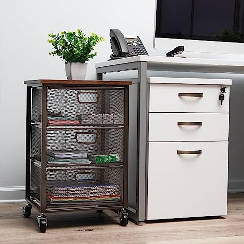 Mind Reader 3 Drawer Storage Organizer with Wood Top, Rolling Office Organizer Cabinet with Wheels, Office, Metal Mesh, Black - Image 2