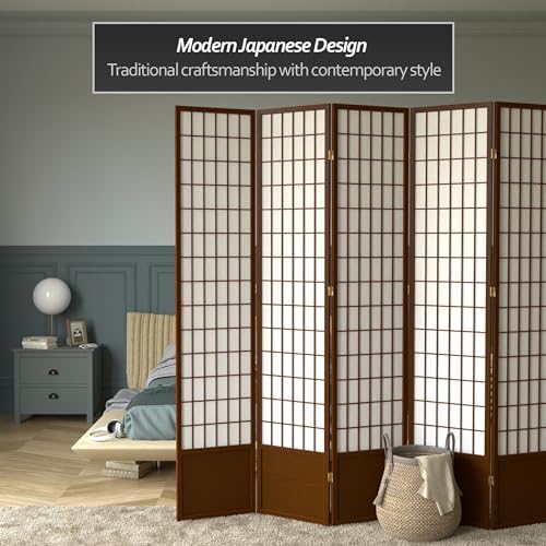 Oriental Furniture 7 ft. Tall Window Pane Shoji Screen - Walnut - 5 Panels - Image 2