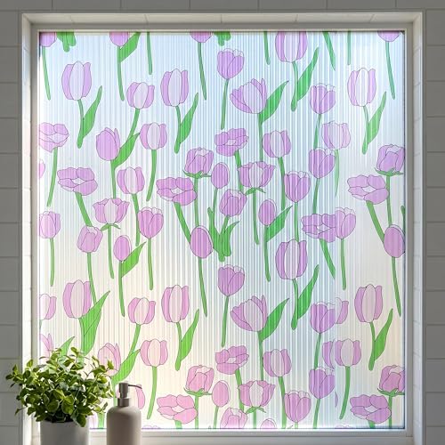 Pink Tulip Stained Glass Flower Window Film Privacy No Glue Cover 35x78.7in by Mikomer