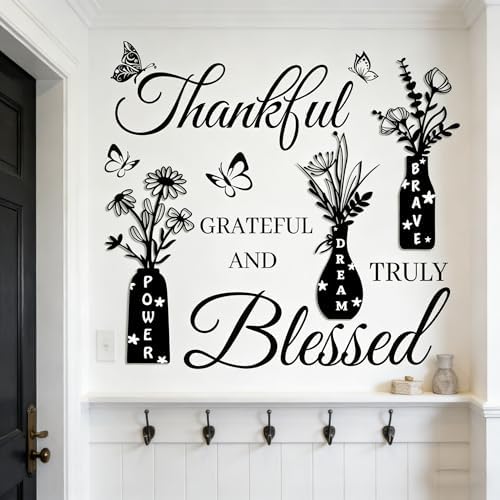 Thankful Grateful Blessed Wall Decal - Inspirational Quote with Floral Vase & Butterfly Stickers, Power Dream Brave Vinyl Wall Art for Living Room, Bedroom, Kitchen, Farmhouse Home Decor - Image 2