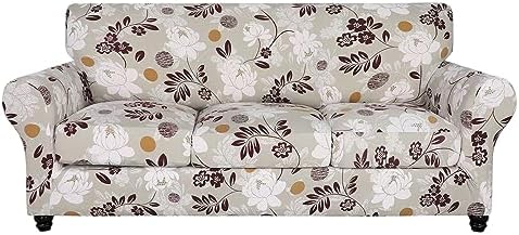 SearchI Stretch Sofa Cover Printed Couch Cover, Floral Pattern 4 Pieces Sofa Slipcover with 3 Separate Cushion Cover, Washable Furniture Protector for Living Room(Sofa, Brown Flowers) by SearchI