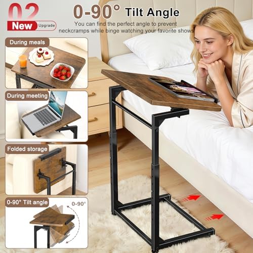 Tv Tray Table Set of 2, Living Room Table Sets 8-Level Adjustable Height Couch Side Table,90° Tilt Angle foldable End Table,Laptop Table with Phone & Tablet Slot Dinner Tray Desk for Recliner/Sofa/Bed - Image 4