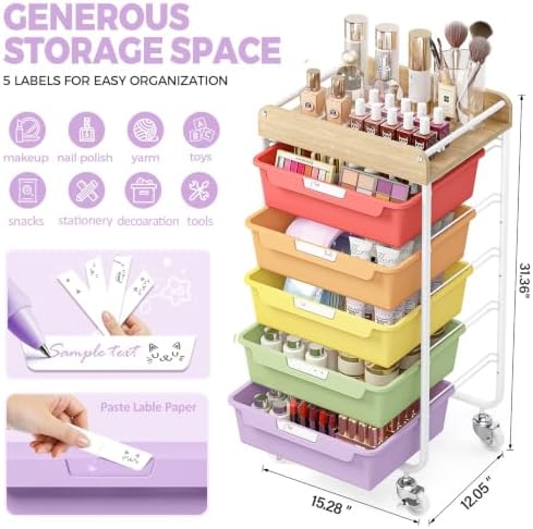 SYKIARIOL Utility Cart with 5 Labeling Drawers and Wooden Tabletop - Image 3