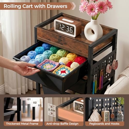5 Tier Rolling Cart with Drawers, Plastic Drawer Storage Craft Cart with Pegboards & Hooks, Metal Utility Cart with Wheels & Wooden Tabletop, Classroom Office Art Supply Organizers and Storage, Black - Image 5