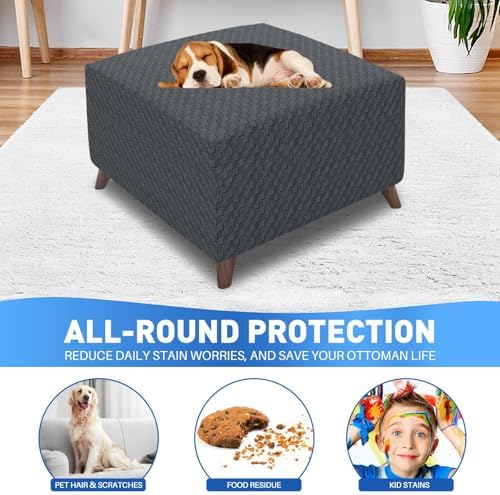 MAXIJIN Jacquard Ottoman Cover Slipcovers Folding Storage Stool Furniture Protector Cover Soft Thick Rectangle Foot Rest Slipcover with Elastic Bottom (Ottoman Small, Dark Gray) - Image 2