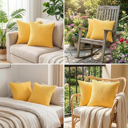 Fancy Homi 2 Packs Yellow Euro Decorative Throw Pillow Covers 26x26 Inch for Couch Bed Sofa, Rustic Farmhouse Boho Home Decor, Soft Corss Corduroy Patchwork Textured Square Cushion Case 66x66 cm - Image 5