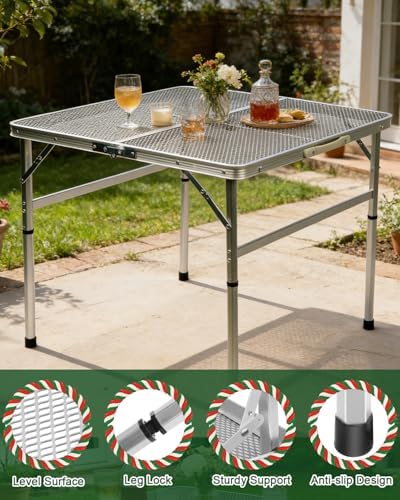 Square Folding Card Table with Adjustable Height (12" & 26"), Silver Portable Metal Mesh Table for Camping, BBQ, Picnic, Game, Patio & Indoor Use, Fits 2–4 People, Lightweight 7.6 lb, Supports 66 lb - Image 5