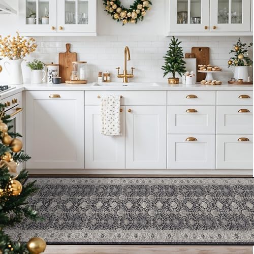 Hallway Washable Runner Rug - 2x10 Kitchen Rugs Entryway Rug Runner Vintage Soft Floor Mat Non Slip Indoor Farmhouse Carpet for Bathroom Living Room Bedroom(2 X 10, Black) - Image 2
