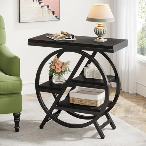 Tribesigns End Table Set of 2, 3-Tier Narrow Sofa Side Table with Storage for Living Room, Wood End Table with Geometric Metal Frame, Industrial Nightstand and Bedside Table for Bedroom, Black - Image 3