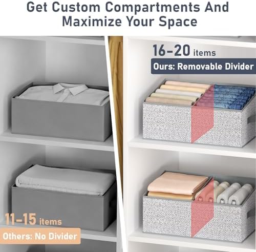 DIMJ Large Closet Shelf Organizer Bins 6 Packs with Handles and Divider, Fabric Trapezoid Storage Baskets, Foldable Clothes Containers Box for Shelf, Towel, Book, Toy, Purse, Hats, Grey - Image 3