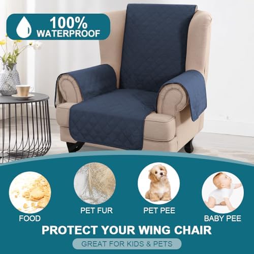 Turquoize 100% Waterproof Wing Chair Cover Wing Armchair Slipcovers, Navy - Image 2