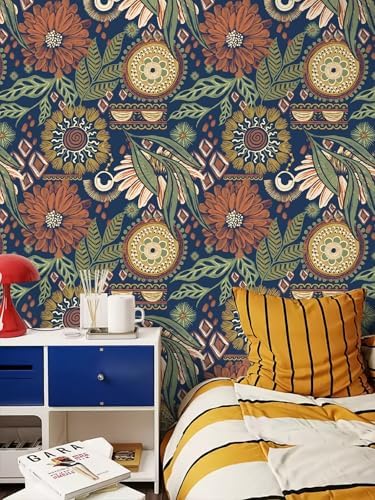 HAOKHOME Boho Peel and Stick Wallpaper Green Floral Bathroom 17.3inx 32.8ft | Large Roll Renter Friendly Removable Waterproof Stick on Textured Wall Paper Navy Orange Vintage Bedroom Accent Wall Decor - Image 3