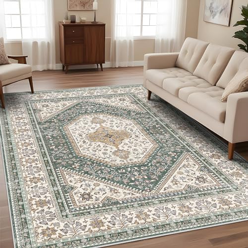 9x12 Washable Area Rug for Living Room - Non-Slip Vintage Rugs Green Beige by Puino