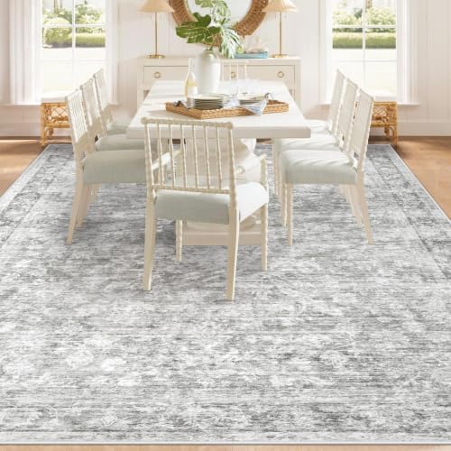 8x10 Area Rugs for Living Room: Washable Large Vintage Floral Rug Low Pile Non-Slip Boho Carpet for Bedroom Dining Home Office (Grey, 8'x10') - Image 6