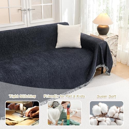 MYSKY HOME Couch Cover for Dogs Washable Couch Covers Couch Covers for Sofa Couch Cover 2 Cushion Sofa Non Slip Dogs Furniture Protector with Tassels Chenille Sofa Covers for Pet, 71"x102", Navy Blue - Image 2