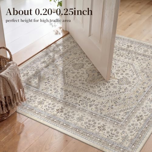 Puino 4x4 Square Washable Area Rug - Non-Slip Vintage Throw Rugs Beige Gray - Image 5