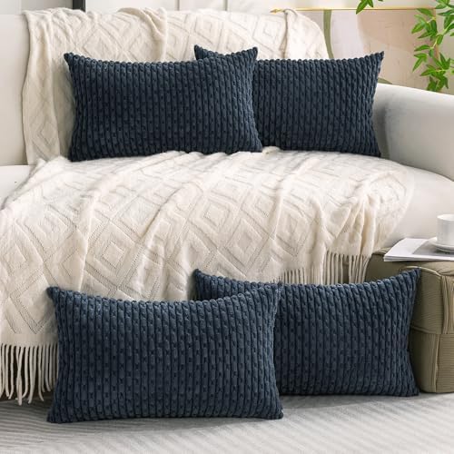 Set of 4 Grey Blue Decorative Throw Pillow Covers 12x20 Inch Corduroy Pillow Covers for Bed Couch Sofa Living Room Soft Cushion Cases - Image 2