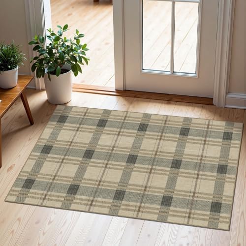 Front Door Mat Outside Entrance - 2x3 Taupe Beige Tartan Plaid Rug by Othilic