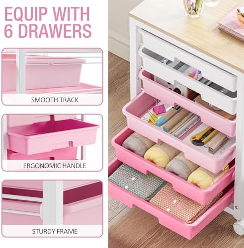 Sykiariol Rolling Cart with 6 Drawers,Pink - Image 2