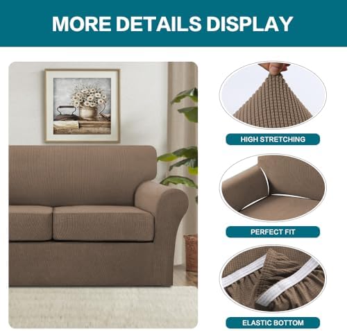 Turquoize 4 Piece Sofa Covers for 3 Cushion Couch Sofa Slipcover Soft Couch Cover for Dogs Washable Furniture Cover with 3 Individual Large Cushion Covers Feature Fabric (Large Sofa, Macchiato) - Image 4