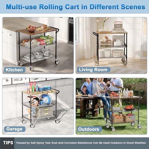 Rolling Kitchen Carts with Wheels, 3-Tier Utility Cart with Wood Tabletop - Image 5