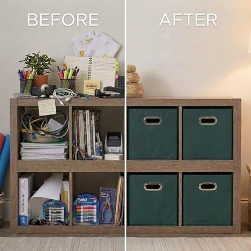 Household Essentials Foldable Fabric Storage Cubes 6-Pack – 11x11x11 Stackable Non-Woven Bins with Chipboard Sides & Grommet Handles – Closet, Shelf, Nursery, or Office Organizer – Dark Green - Image 4