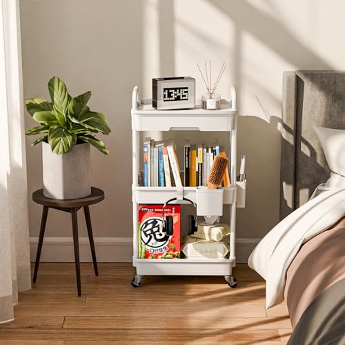 Sorgion 3 Tier Rolling Cart Organizer,Laundry Room Bathroom Organizers and Storage Office Shelves Mobile Shelving Unit Kitchen Trolley Cart with Wheels for Art,Craft,Diaper,Bedside,Snack(White) - Image 2