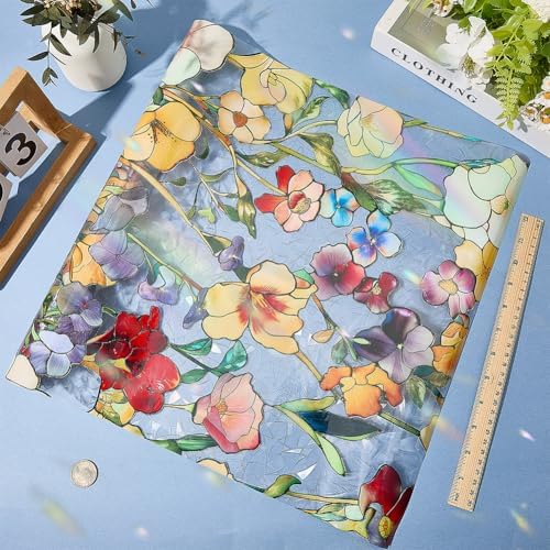 GORGECRAFT 39.4x17 Inch Colorful Flower Rainbow Window Privacy Film 3D Stained Window Glass Covering Decorative Window Cling Non-Adhesive Static Reusable UV Resistant Decals Sticker for Room Home - Image 3