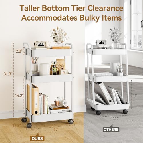 YASONIC 3-Tier Metal Rolling Cart Utility Carts with Wheels White - Image 5