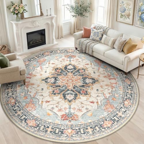 RELEANY Washable Area Rug, Round 8ft, Beige/Blue/Orange by RELEANY