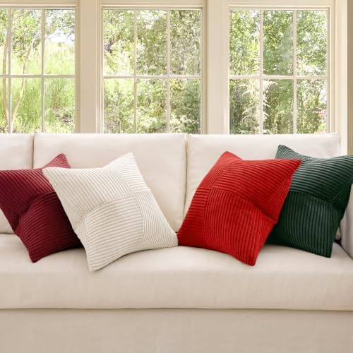MIULEE Boho Christmas Red Decorative Throw Pillow Covers 18x18 Set of 4 Farmhouse Cushion Covers Color-Clash Corduroy Pillow Cases Modern Soft Corduroy Patchwork Home Decor for Couch Sofa Bedroom - Image 2