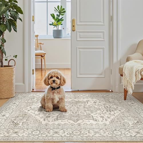 Madane Washable Entry Rug 3x4 Area Rugs for Entryway Kitchen, Beige/Brown - Image 4