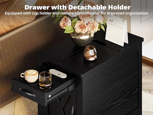 IRONCK End Table with Charging Station, Narrow Side Table, Black - Image 6