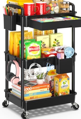 SUNALLY 3 Tier Rolling Cart with Drawer, Craft Storage Cart Organizer,Black by SUNALLY