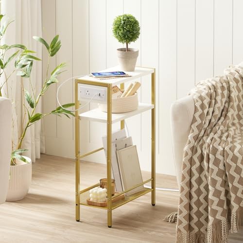 HOOBRO Small Narrow Side Table with Charging Station, Skinny End Table for Small Spaces, Slim Nightstand with USB Ports Outlet, Sofa Beside Table with Storage Shelf, White and Gold DW102UBZ01 - Image 2