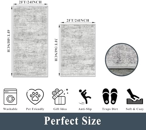 Kitchen Mats for Floor 2 Piece, Non Slip Washable Kitchen Rugs Sets for Floor, Soft Low Pile Kitchen Area Rug for Kitchen Sink Laundry Entryway (Grey Ivory, 2x3+2x4) - Image 2
