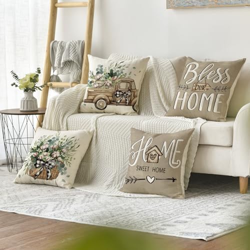 AVOIN colorlife Bless Our Home Farmhouse Eucalyptus Leaves Throw Pillow Covers, 18 x 18 Inch Truck Home Sweet Home Cushion Case Decorations Set of 4 - Image 2