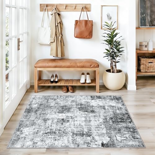 3x4 Washable Entryway Area Rug - Non-Slip Modern Small Indoor Mat for Bathroom,Living Room,Bedroom - Abstract Neutral Soft Low-Pile Throw Carpet with Rubber Backing（Grey） - Image 4