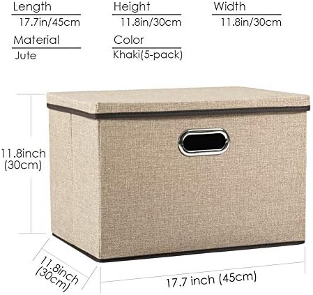 PRANDOM Large Collapsible Storage Baskets with Lids [5-Pack] Jute Fabric Foldable Storage Bins Boxes Organizer Containers Cube with Cover for Home Bedroom Closet Office Nursery (17.7x11.8x11.8) - Image 4