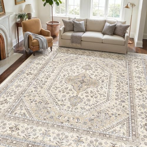 Puino 12x12 Square Washable Area Rug - Non-Slip Living Room Rugs Beige Gray - Image 7