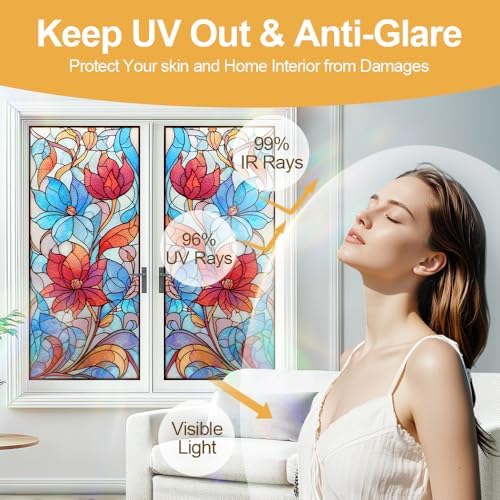 Cmialusie Floral Stained Glass Window Film 39.3 x 17.3 Inch Cling - Image 4