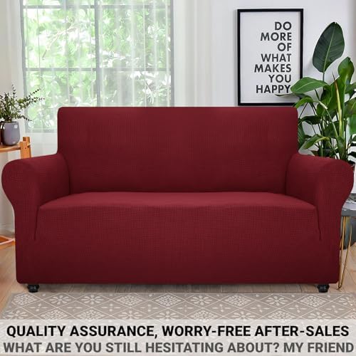 ZNSAYOTX Super Stretch Couch Cover Love Seat Sofa Covers for Living Room Dogs Pet Friendly Furniture Protector Spandex Loveseat Slipcovers with Anti Slip Foam Sticks (Wine Red, Loveseat) - Image 5