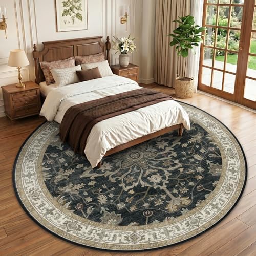 RELEANY Washable Area Rug, Round 10ft, Black/Vintage/Beige - Image 2